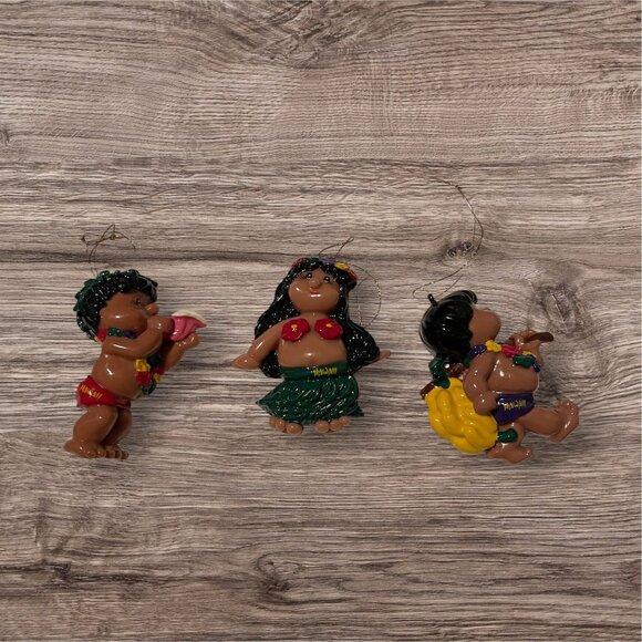 Vintage Hawaiian People 1985 Vintage - 2 Boys and Girl Ornament Set of 3 - Picture 1 of 4